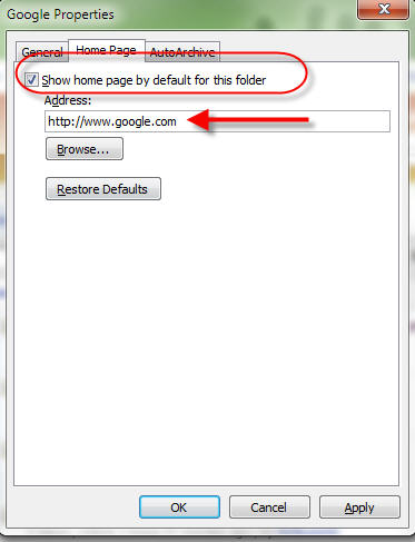 Webpage in Outlook 2010 dialog box