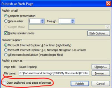 publish as web page dialogue box