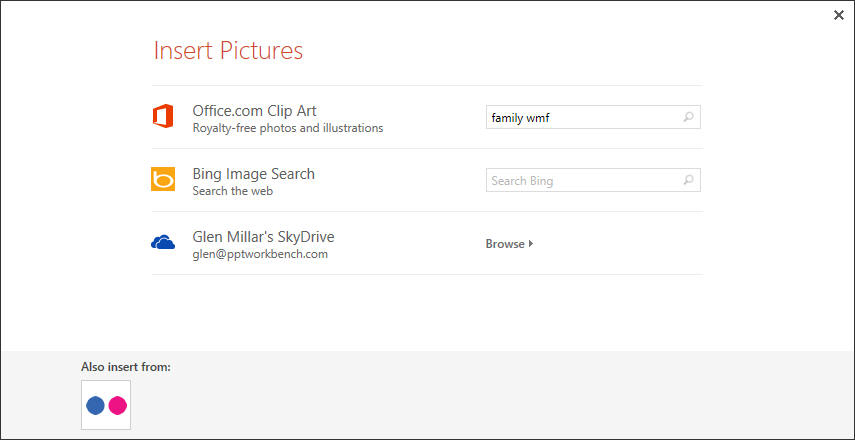 PowerPoint 2013 online clipart search dialogue box