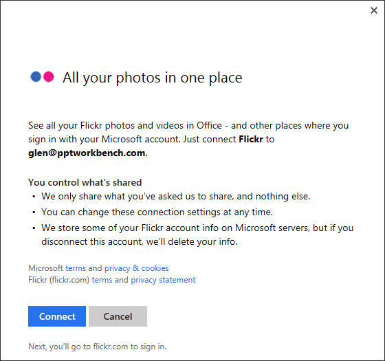 insert images from Flickr account dialogue box