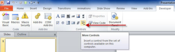 The More Controls button on the Developer Tab- PowerPoint 2010