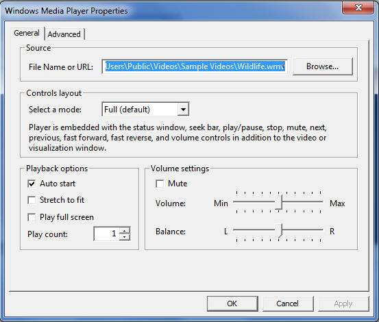 Windows Media Control advanced properties